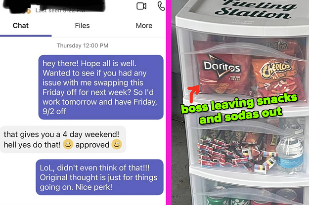 Boss approving a four-day weekend; Boss leaving snacks out