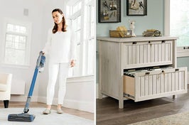 A model using a cordless stick vac on the left and a lateral filing cabinet on the right