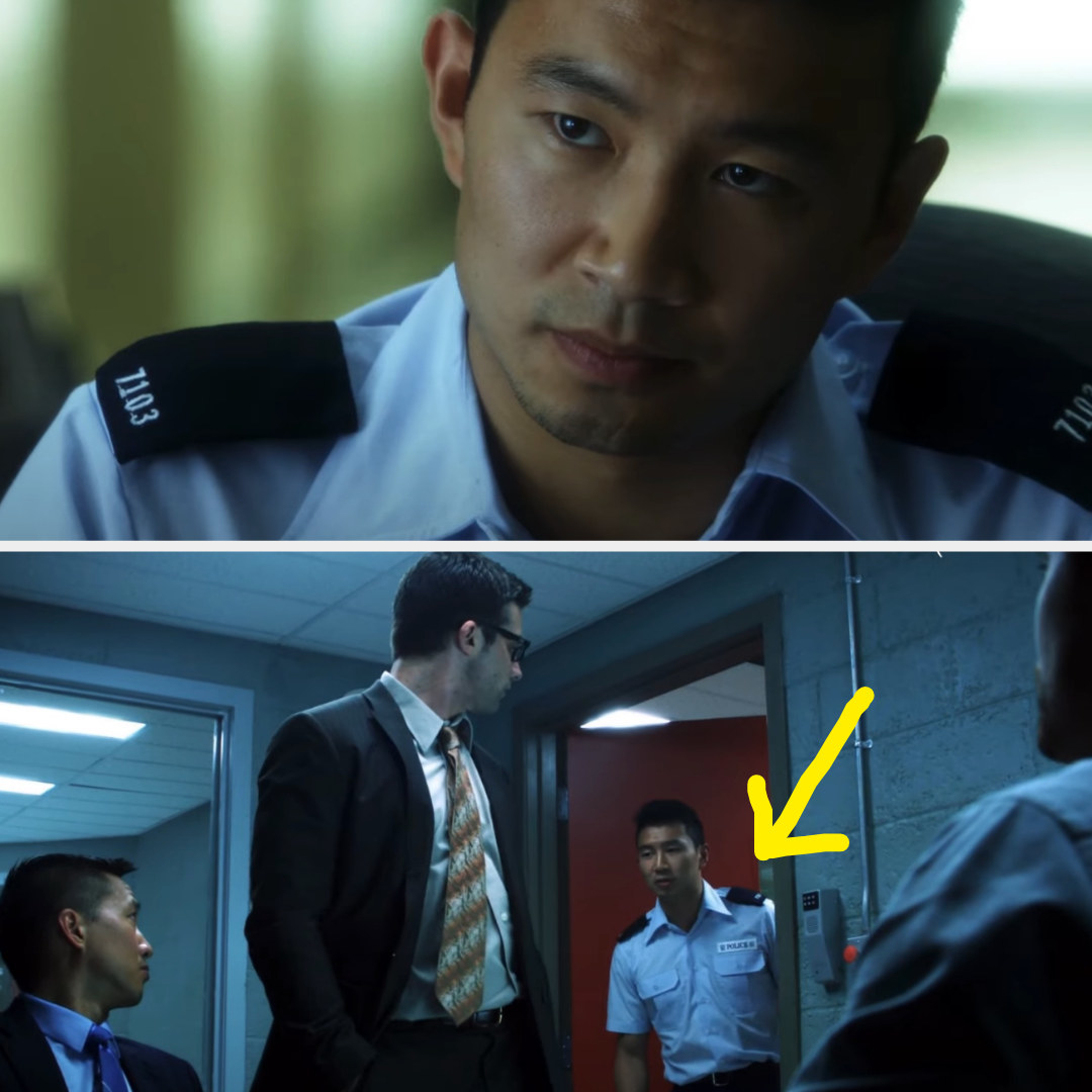 arrow pointing to simu in a security guard uniform