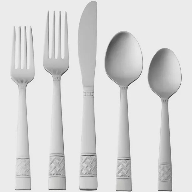 two silver forks, one knife, and two spoons with a pierremont pattern