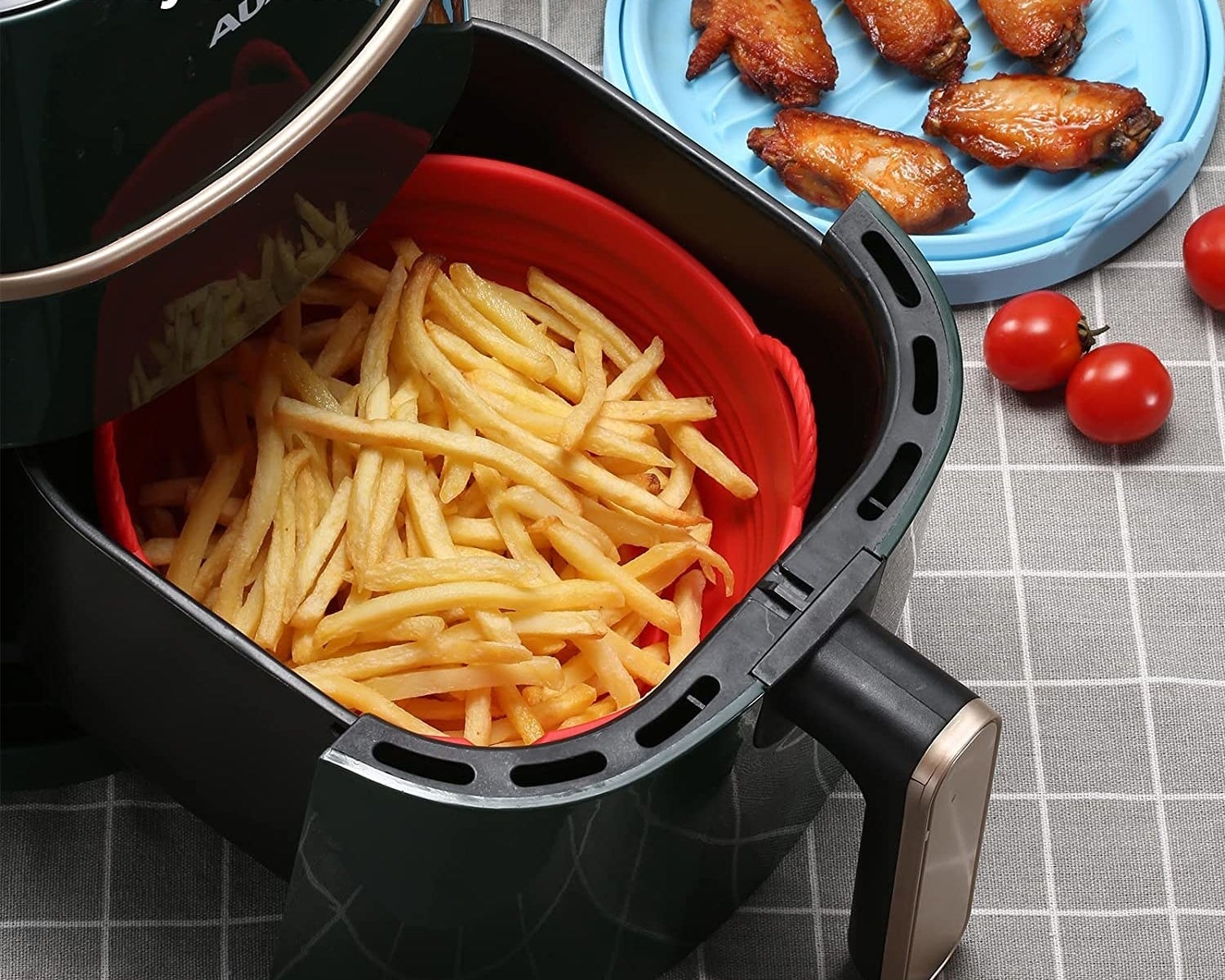 the liner with fries in it in an air fryer