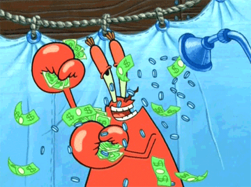 A lobster bathing with money coming out of the shower head