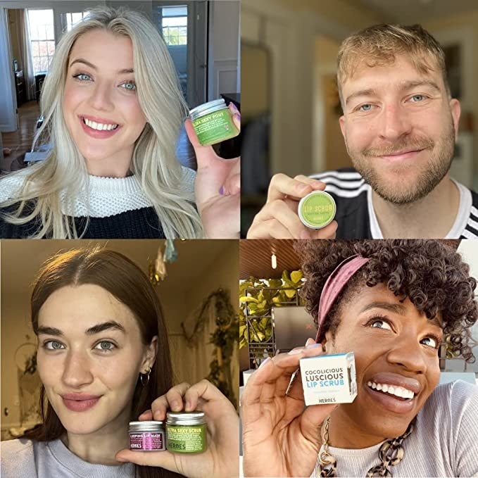 four different people holding the lip scrub