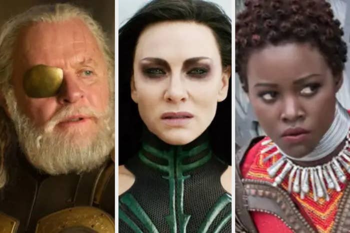 Anthony hopkins cate blanchett and Lupita Nyong&#x27;o in their respective MCU roles