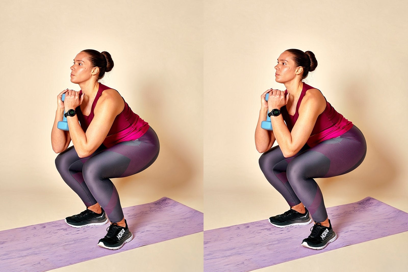 a side by side image of a woman squatting holding a dumbell; the photo on the right has been digitally altered to enlarge her but and slim her jawline