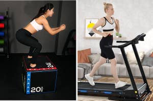 on the left a foam jumping box, on the right model running on black treadmill