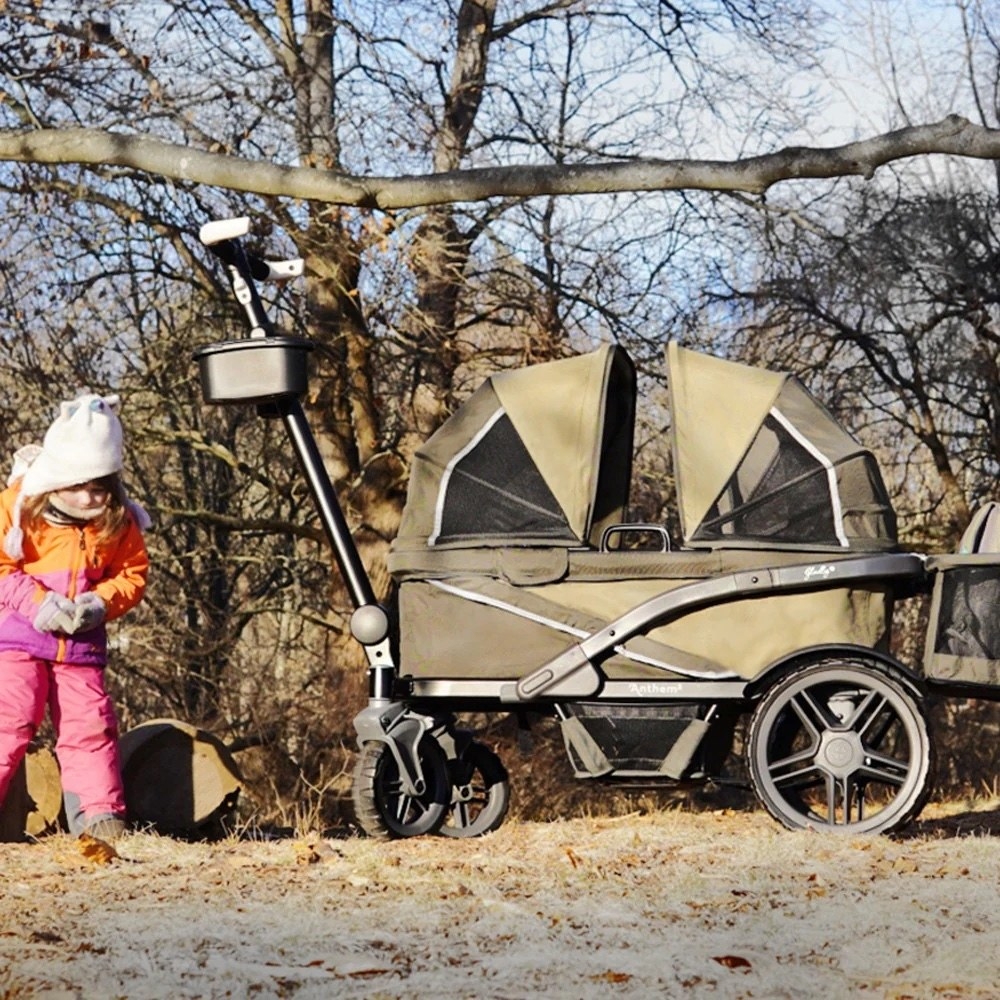 khaki green covered stroller wagon with large wheels