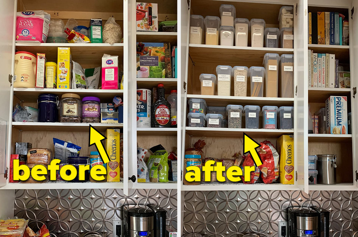 left: reviewer before photo of cluttered cabinet with many boxes / right: reviewer&#x27;s after photo showing space saved and neatly organized cabinet with storage contianers