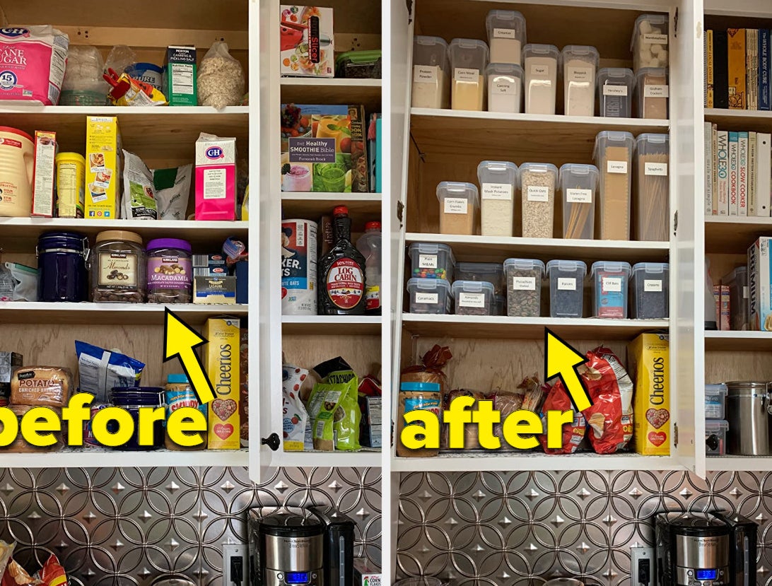 left: reviewer before photo of cluttered cabinet with many boxes / right: reviewer&#x27;s after photo showing space saved and neatly organized cabinet with storage contianers