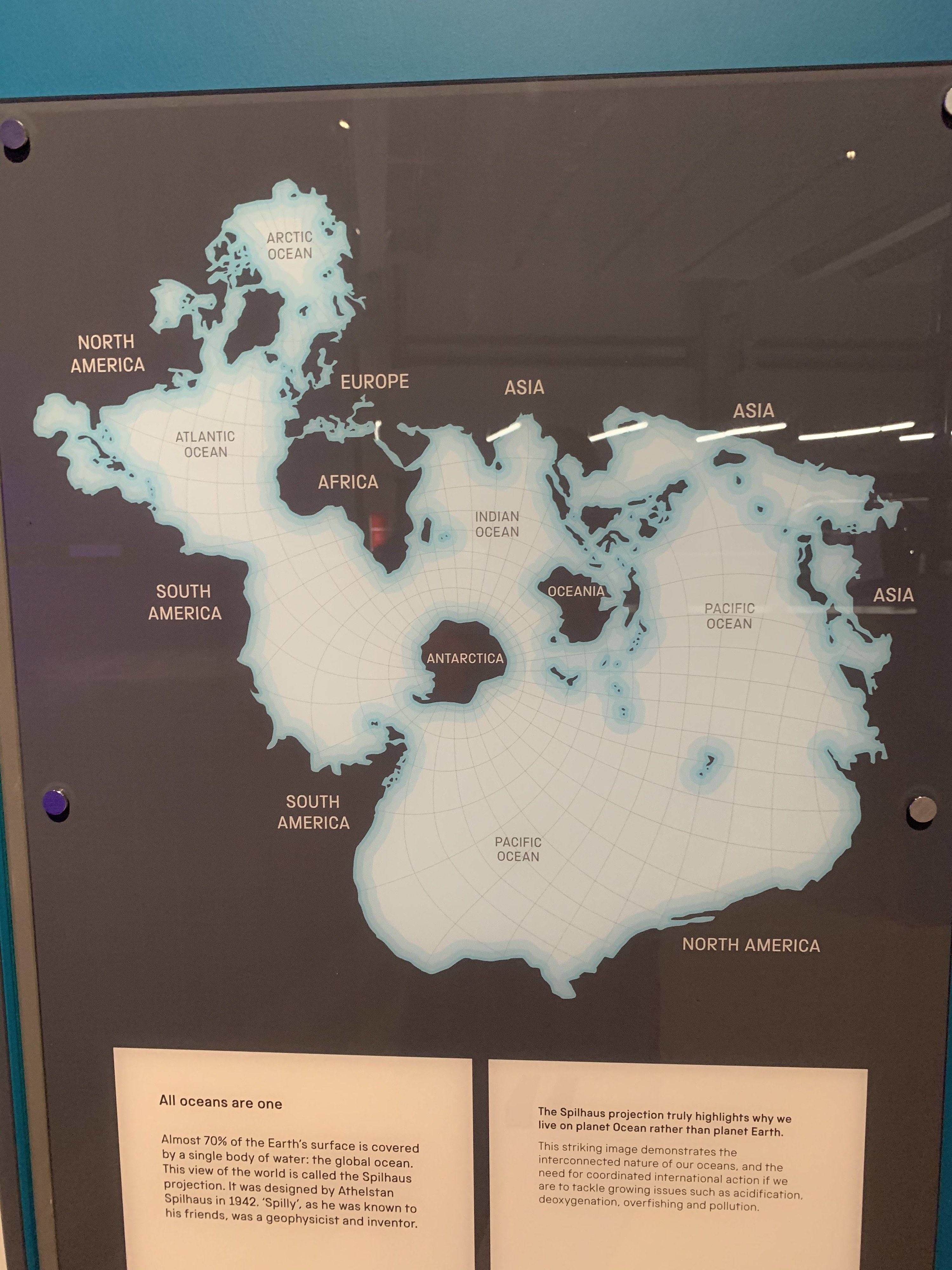 The oceans&#x27; connected outlines around the continents, from the Arctic to the Atlantic and Indian oceans and the Pacific