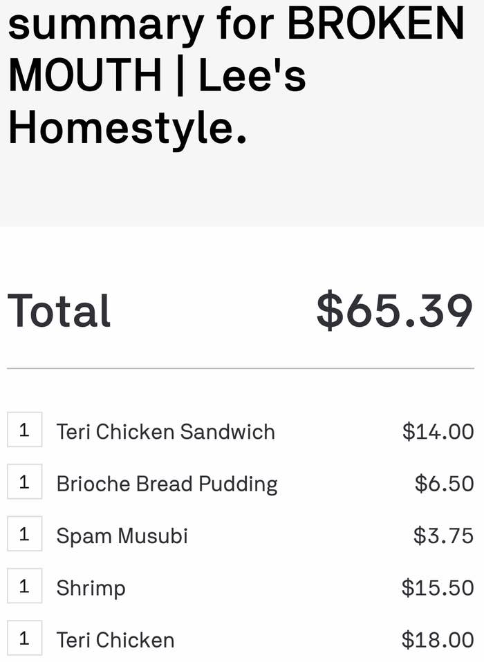 Screenshot of food order