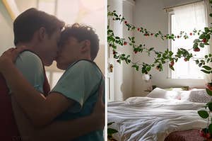 On the left, Charlie and Nick from Heartstopper kiss, and on the right, a bedroom with a bed in front of a window and fake roses vines hanging above the bed