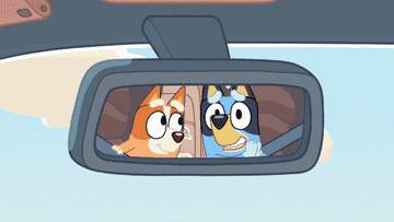 gif of bluey and bingo making please faces seen through car mirror