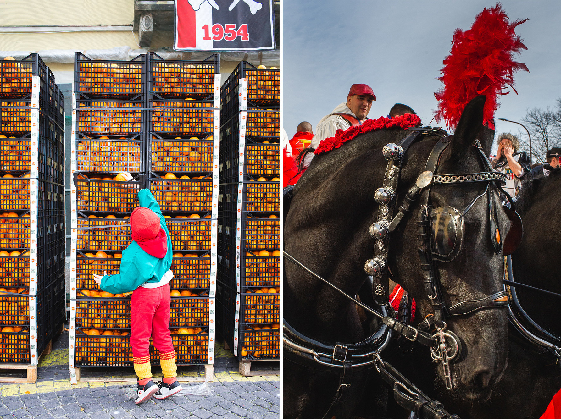 A side-by-side depicts a young child standing on tip toes to reach into a basket, which are stacked at twice their height; the image on the right shows a black horse wearing blinders, red feathers, and bells