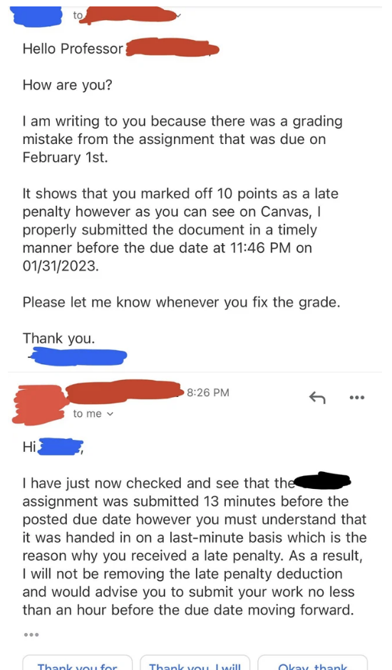 A notice about why a person got points taken off an assignment