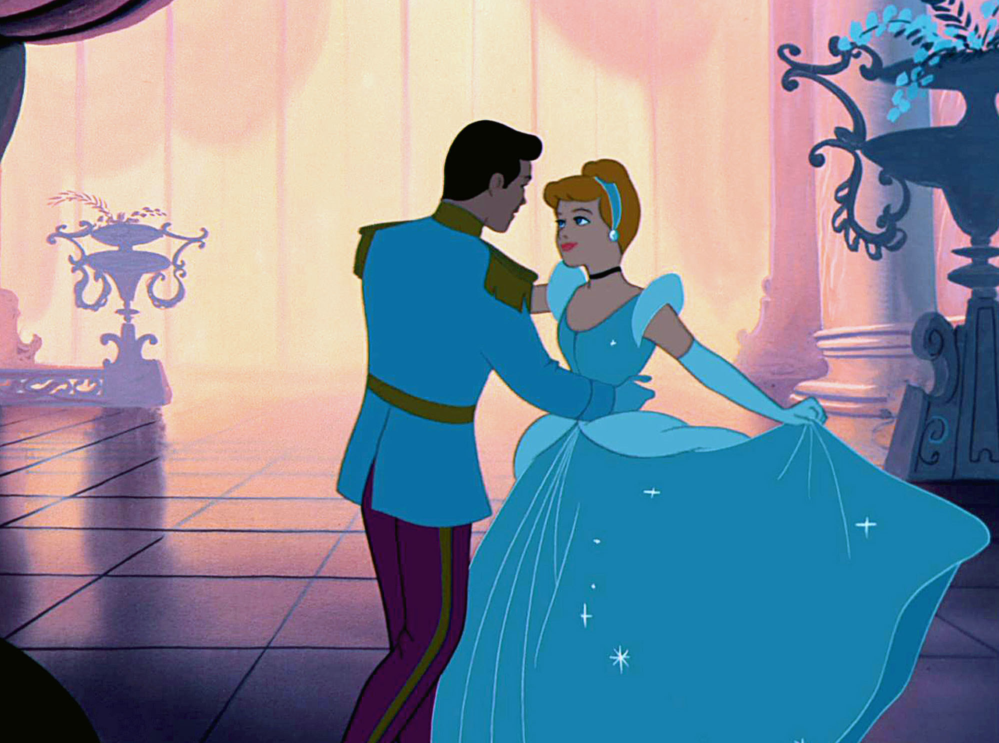 Cinderella and Prince Charming dancing in the animated version of Cinderella