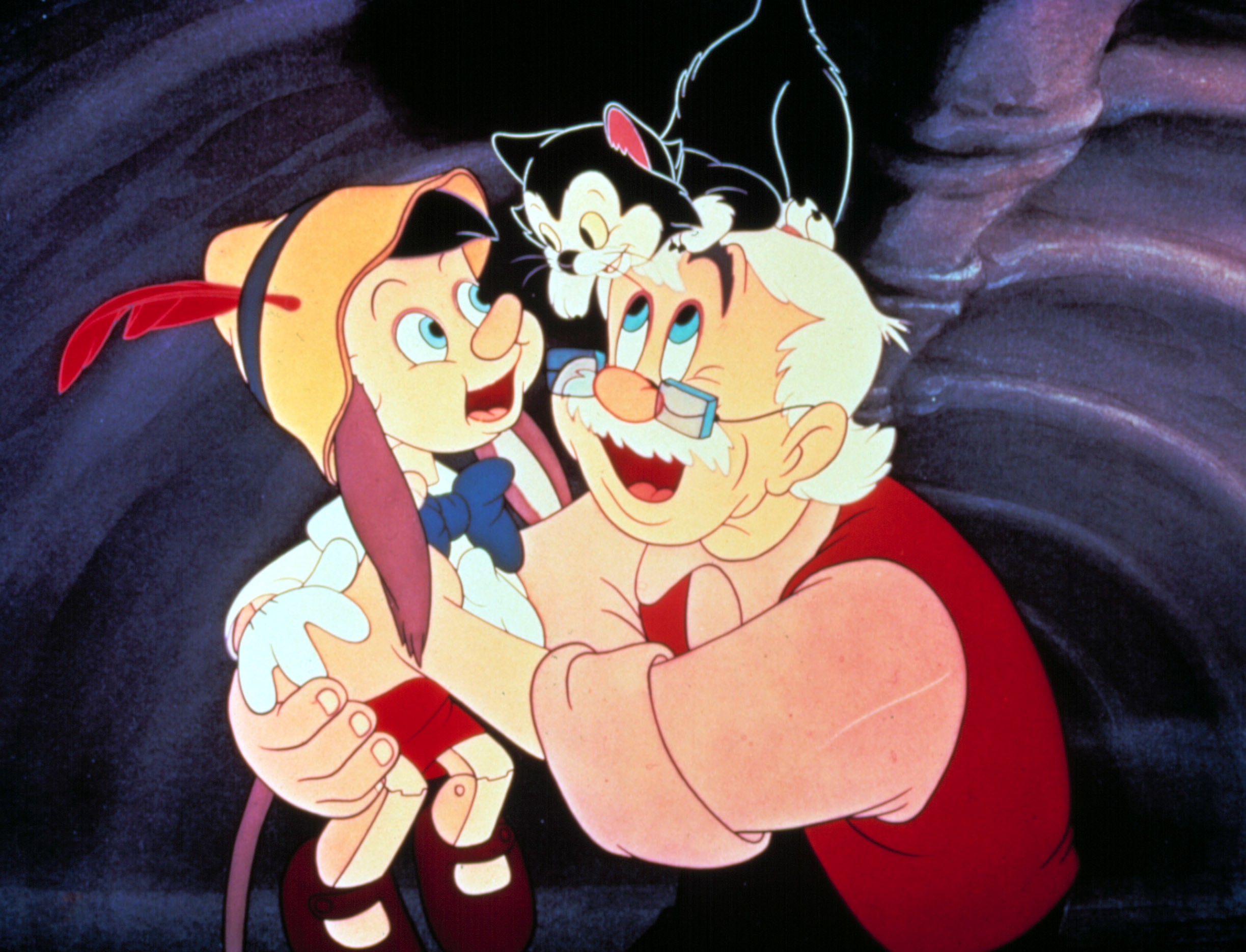 Pinocchio, Figaro and Geppetto in the animated version of Pinocchio