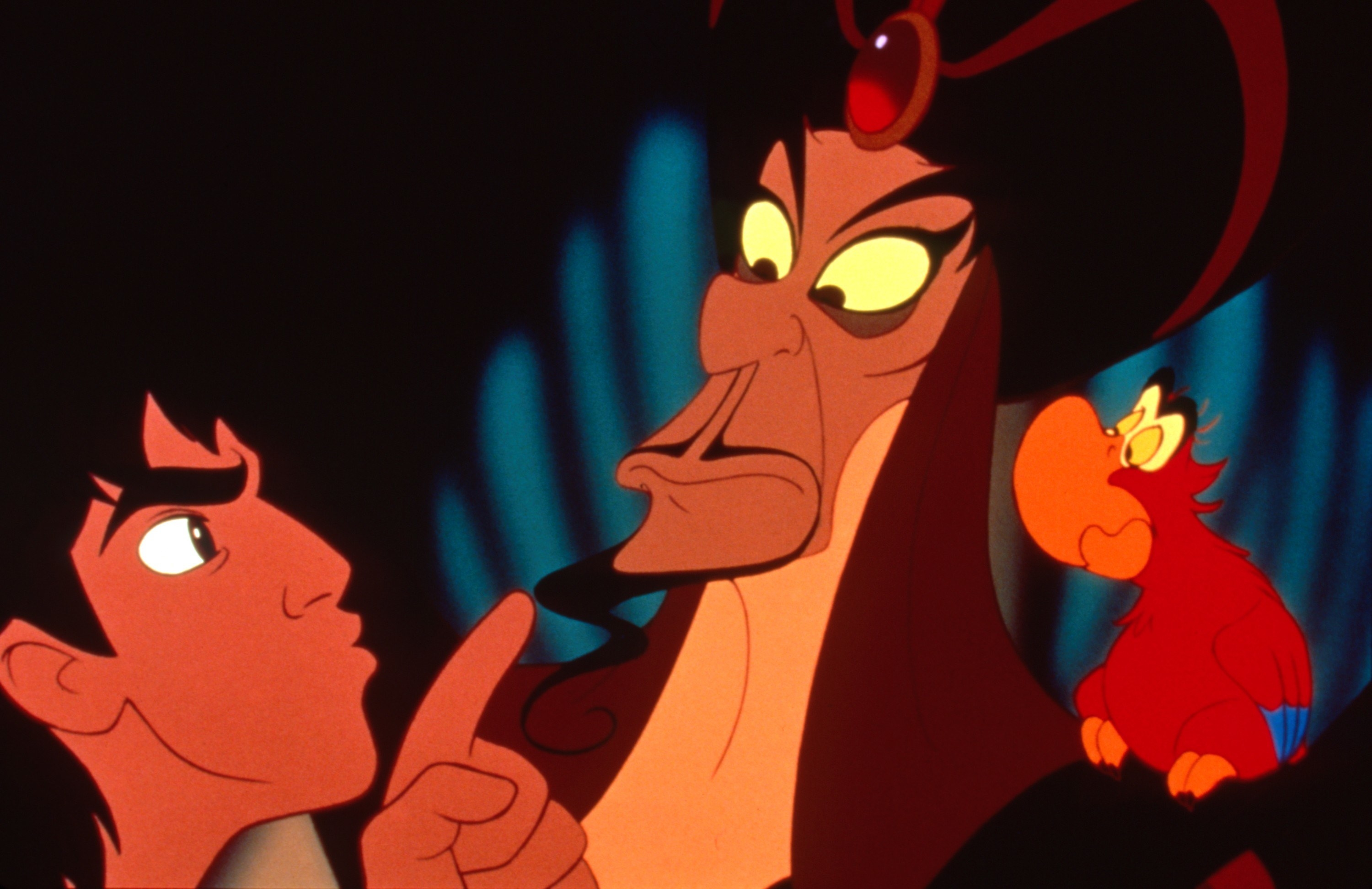 Aladdin, Jafar and Iago in the animated version of the movie