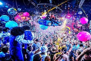 A colorful rave with confetti and balloons