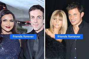 mindy kaling and b.j. novak with caption "friends forever", jessica simpson and nick lachey with caption "friends fornever"