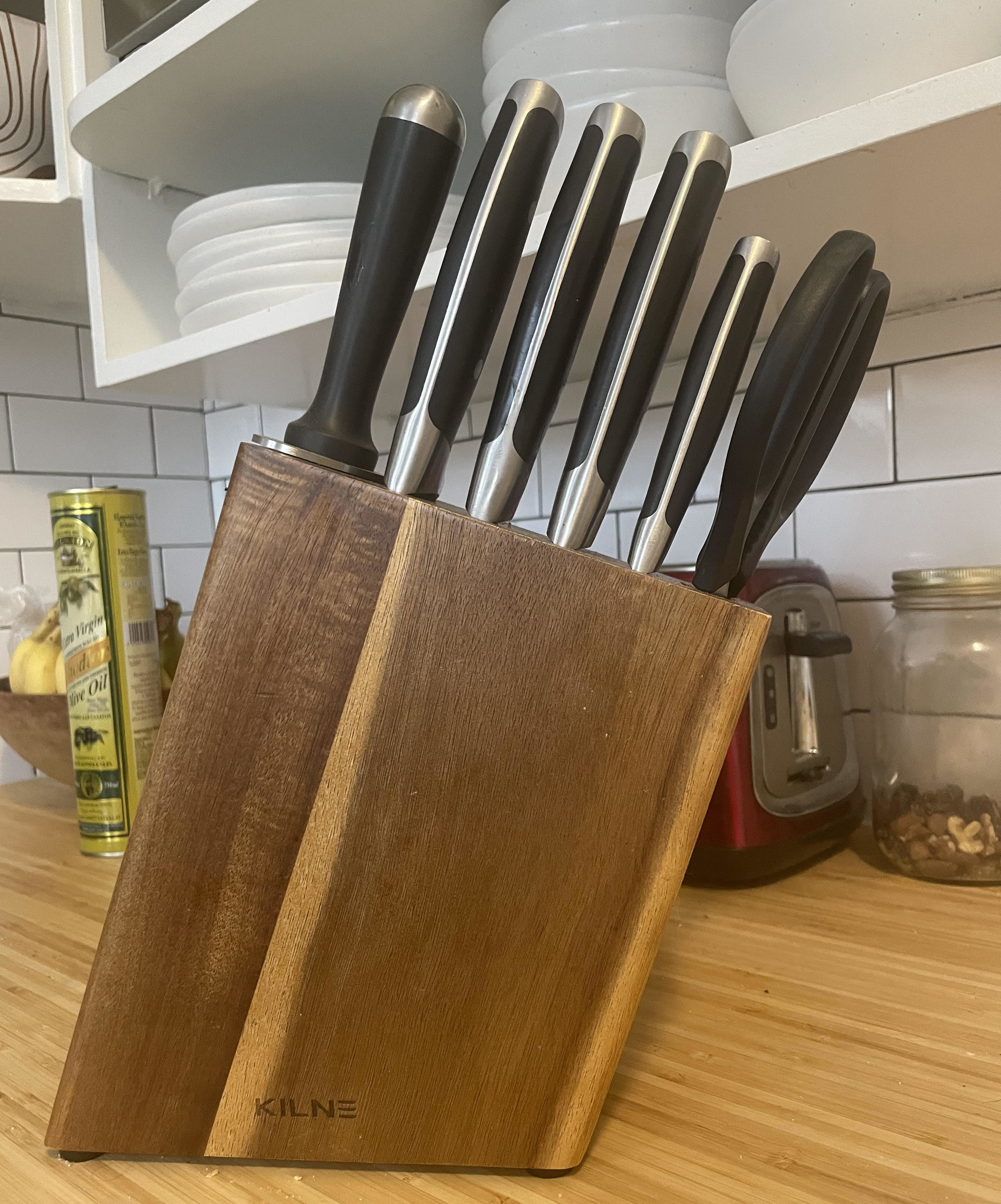 The knife block on a counter