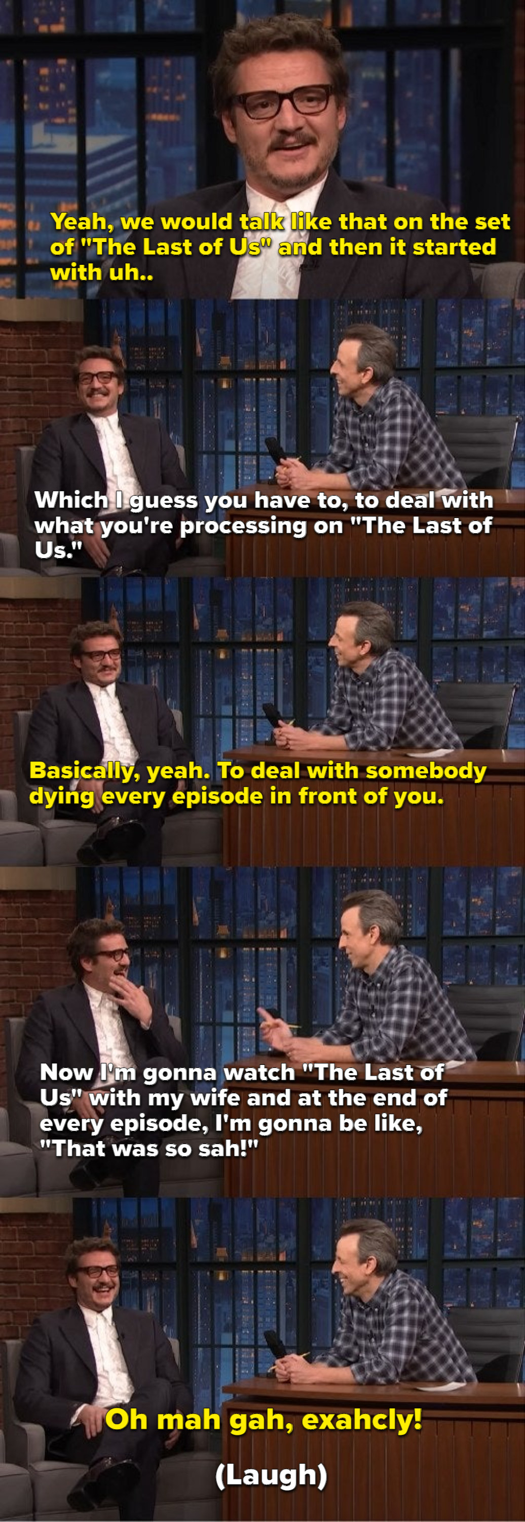 Pedro Pascal and Seth Myers talking about his SNL voice he came up with