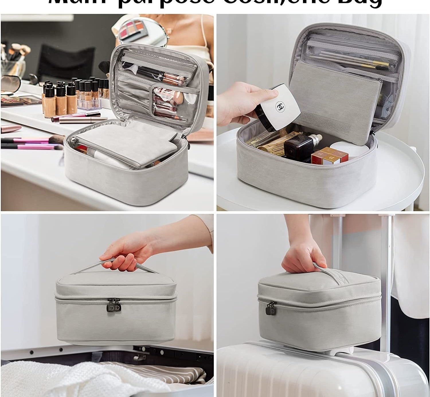 the makeup bag being displayed in four different ways