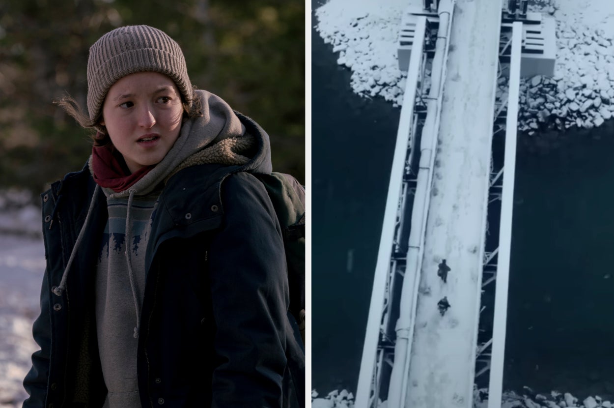 Bella Ramsey looks over her shoulder at something vs Joel and Ellie from The Last of Us walking across a snowy bridge