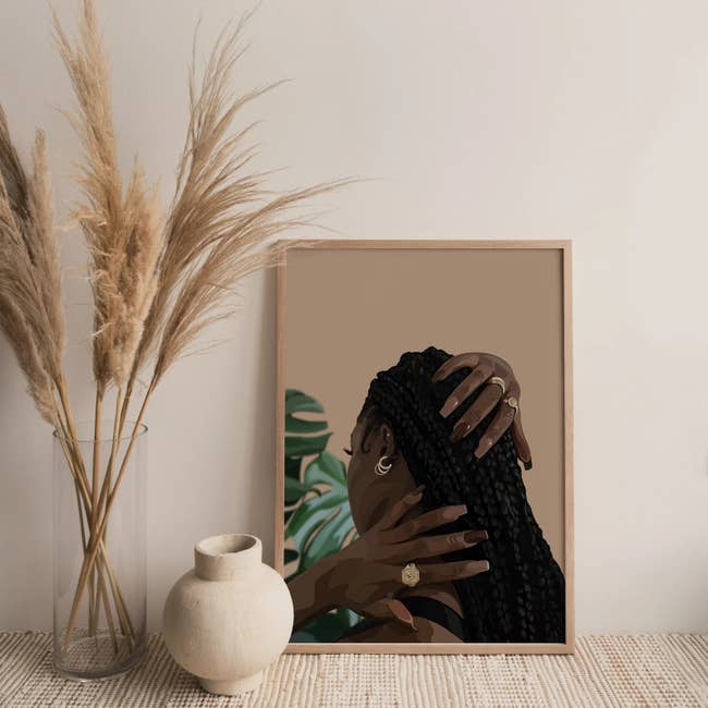 A pistillate   is touching her hairsbreadth  print