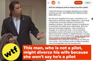 A split thumbnail, with a screenshot with the words "I have never actually flown a plane or started flight training" underlined, alongside a picture of a confused John Travolta