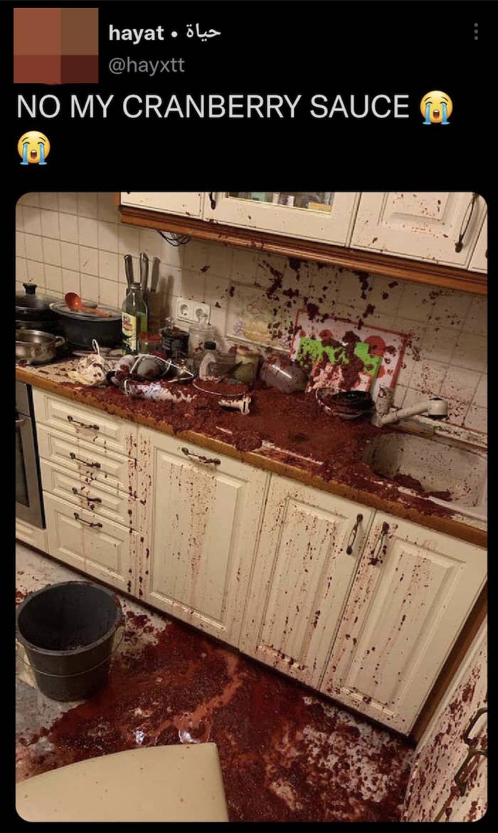 cranberry sauce explosion in a kitchen