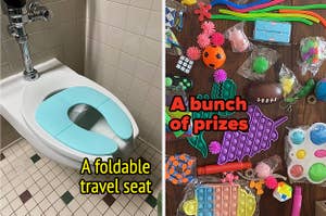 A foldable travel toilet seat/A bunch of small toys