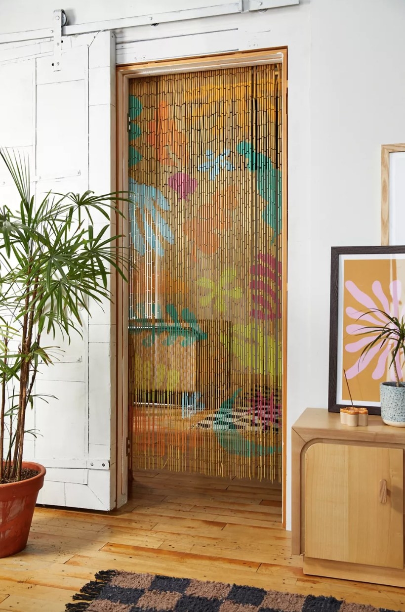 Bamboo beaded curtain with colorful leaf design