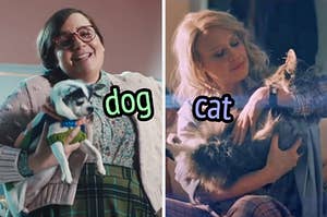 On the left, Aidy Bryant holding a dog in an SNL sketch, and on the right, Kate McKinnon holding a cat in an SNL sketch