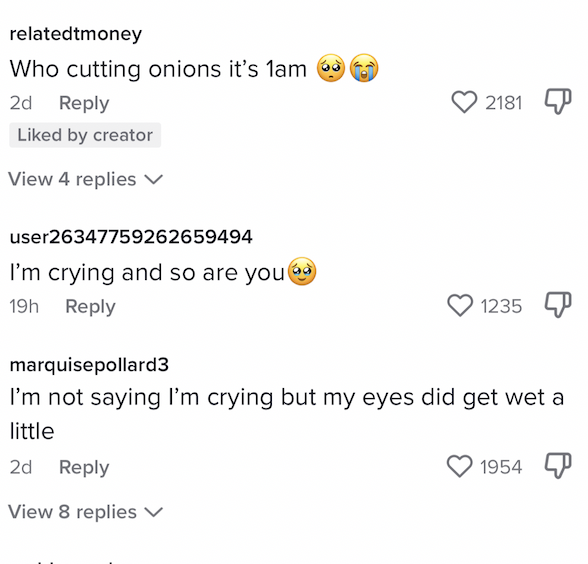 One person commented, &quot;I&#x27;m crying and so are you&quot; while another said &quot;I&#x27;m not saying I&#x27;m crying but my eyes did get wet a little&quot;