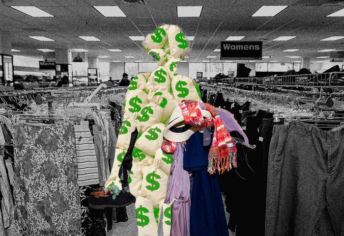 Graphic of a person made of money in a thrift store.