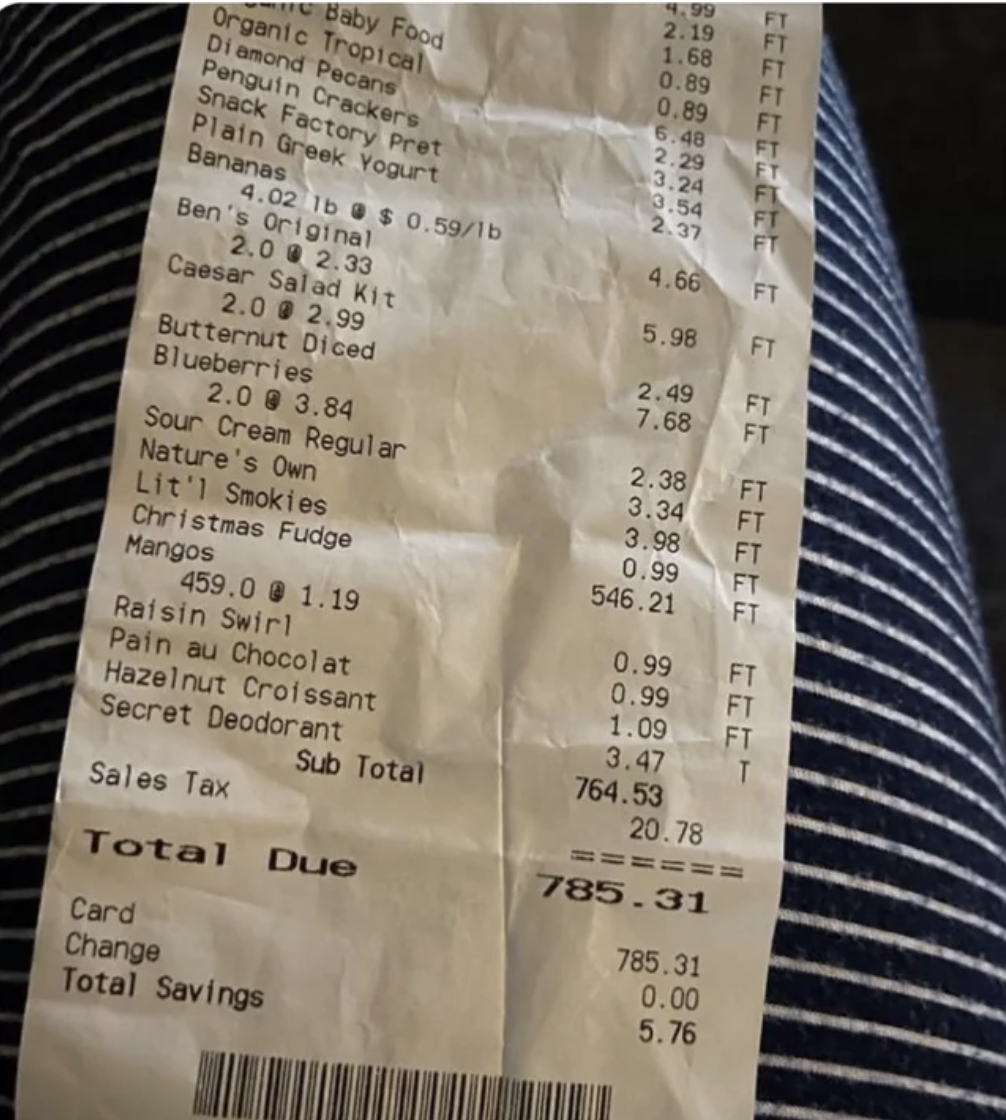 A receipt showing mangoes costing over $500