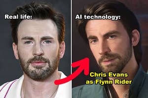 Side-by-side of Chris Evans and Chris morphed into Flynn Rider