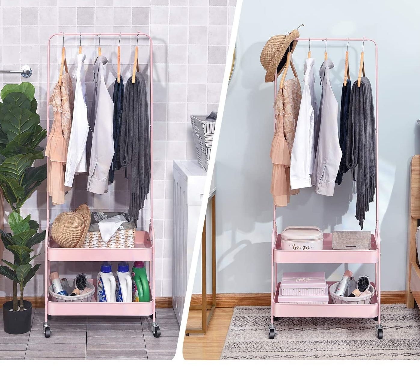 The garment cart being used in a bathroom and in a bedroom