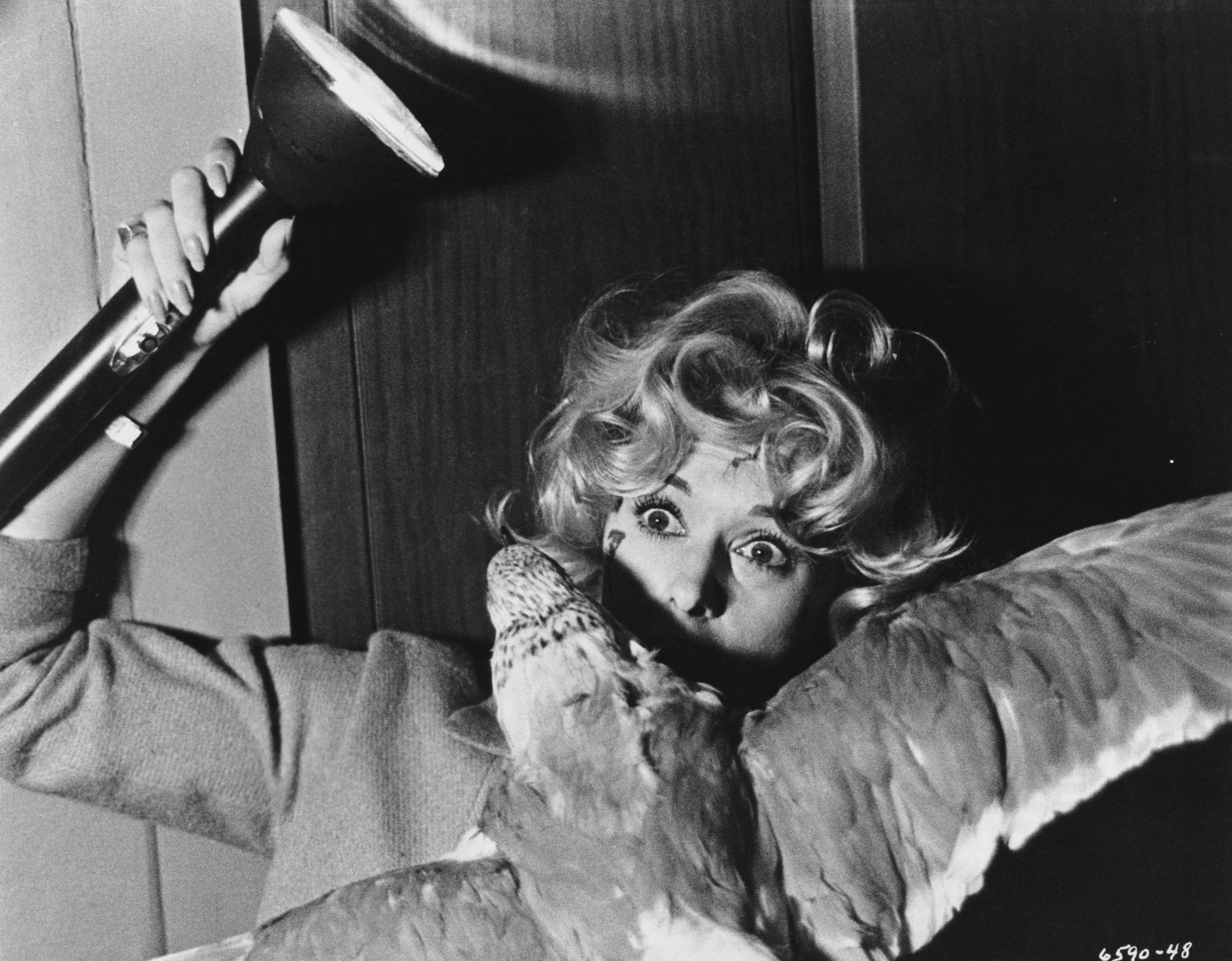 Melanie Daniels (Tippi Hedren) fights off an attacking gull in Alfred Hitchcock&#x27;s The Birds