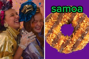 On the left, Max and Eleven from Stranger Things laughing, and on the right, a Samoa Girl Scout Cookie