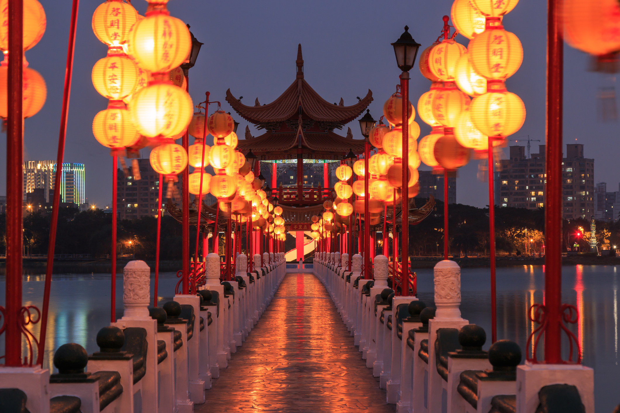 Lanterns leading to a temple.