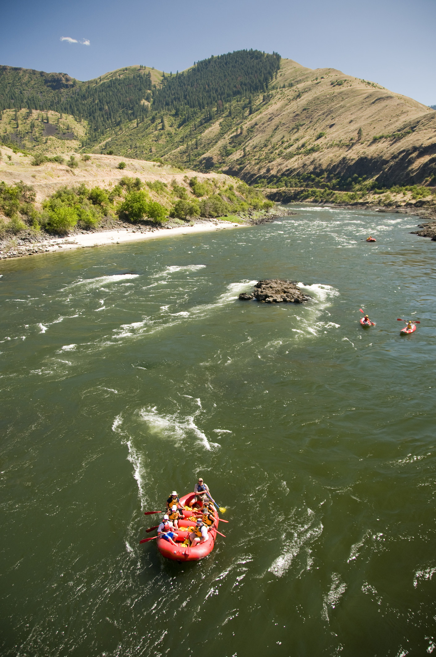 White water rafting on a river.