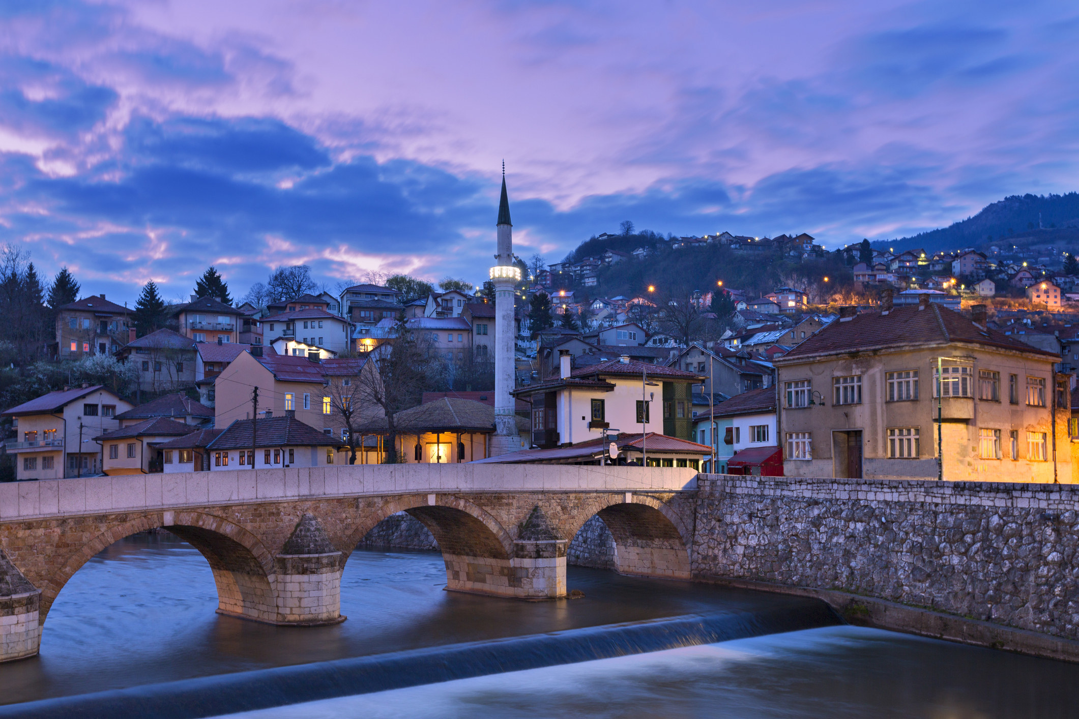 Skyline of the old town at the sunrise in Sarajevo.