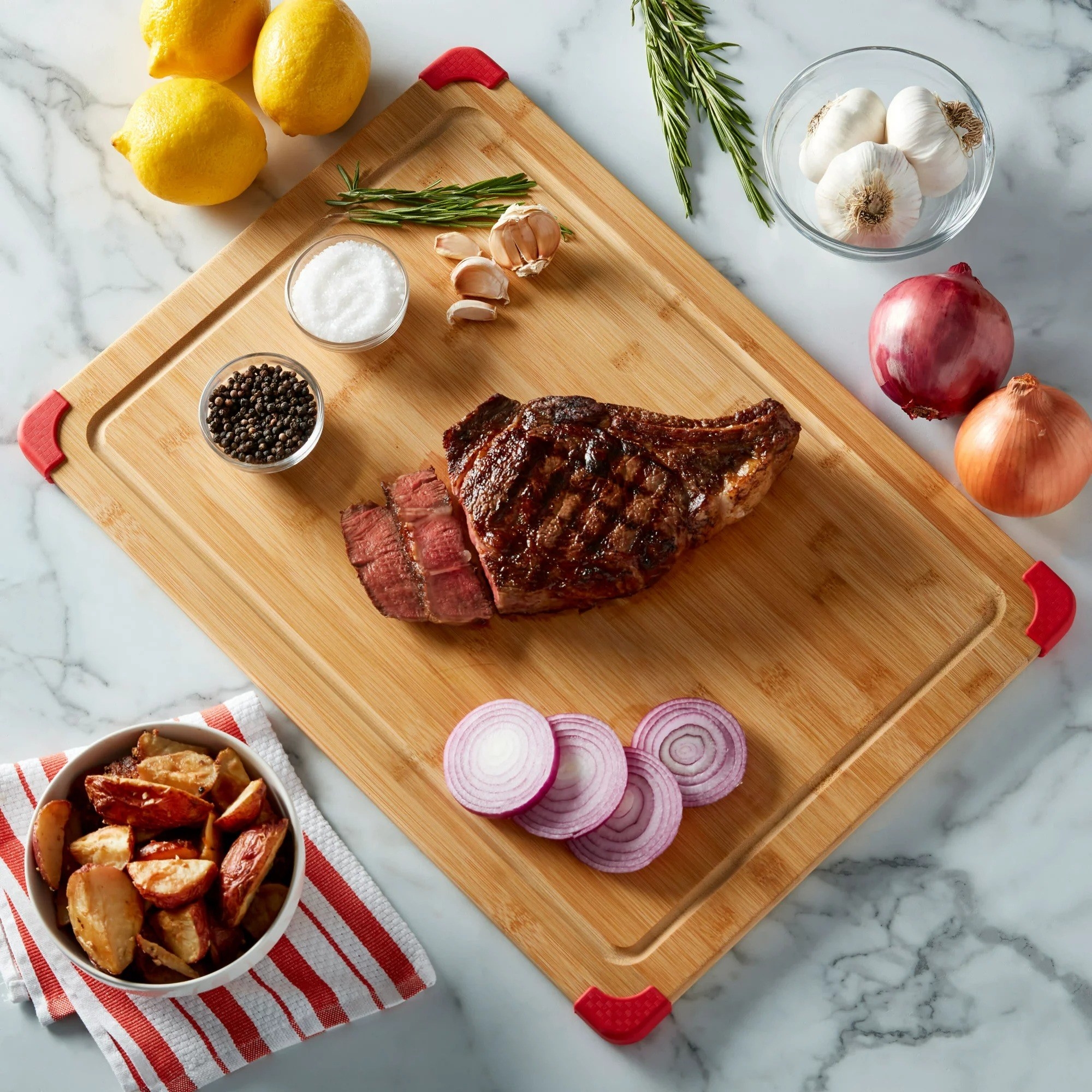 A steak resting on the wooden cutting board on top of a kitchen counter