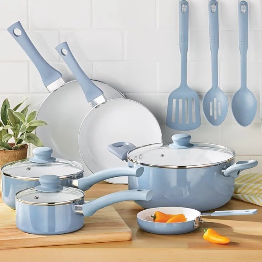 The 12-piece cookware set on a kitchen counter