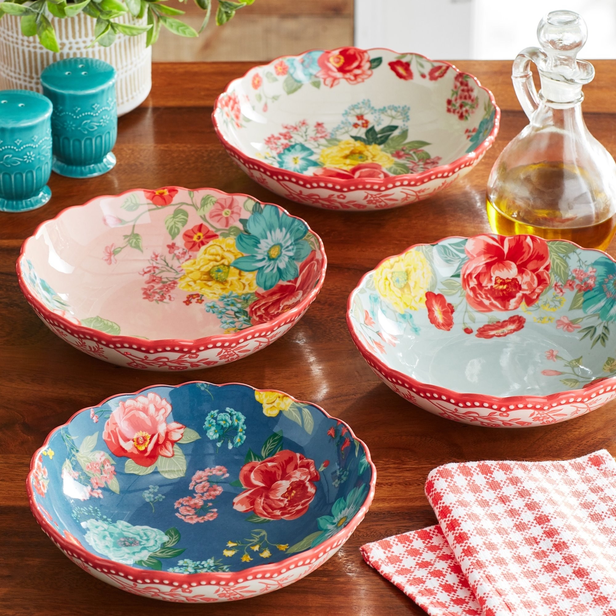 The floral pasta bowls on a table