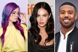 (left) a woman with bi flag colored hair looks through clear glasses off to the bottom right; (middle) Megan Fox looks into the camera; (right) Michael B. Jordan smiles at the camera