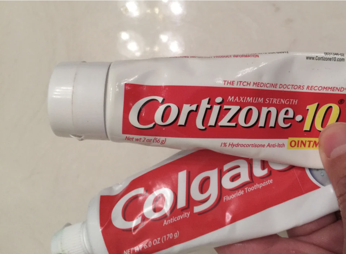 Two almost identical tubes, one with toothpaste and one with anti-itch cream