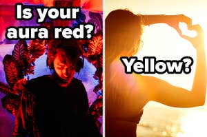 two people with different color auras, red and yellow